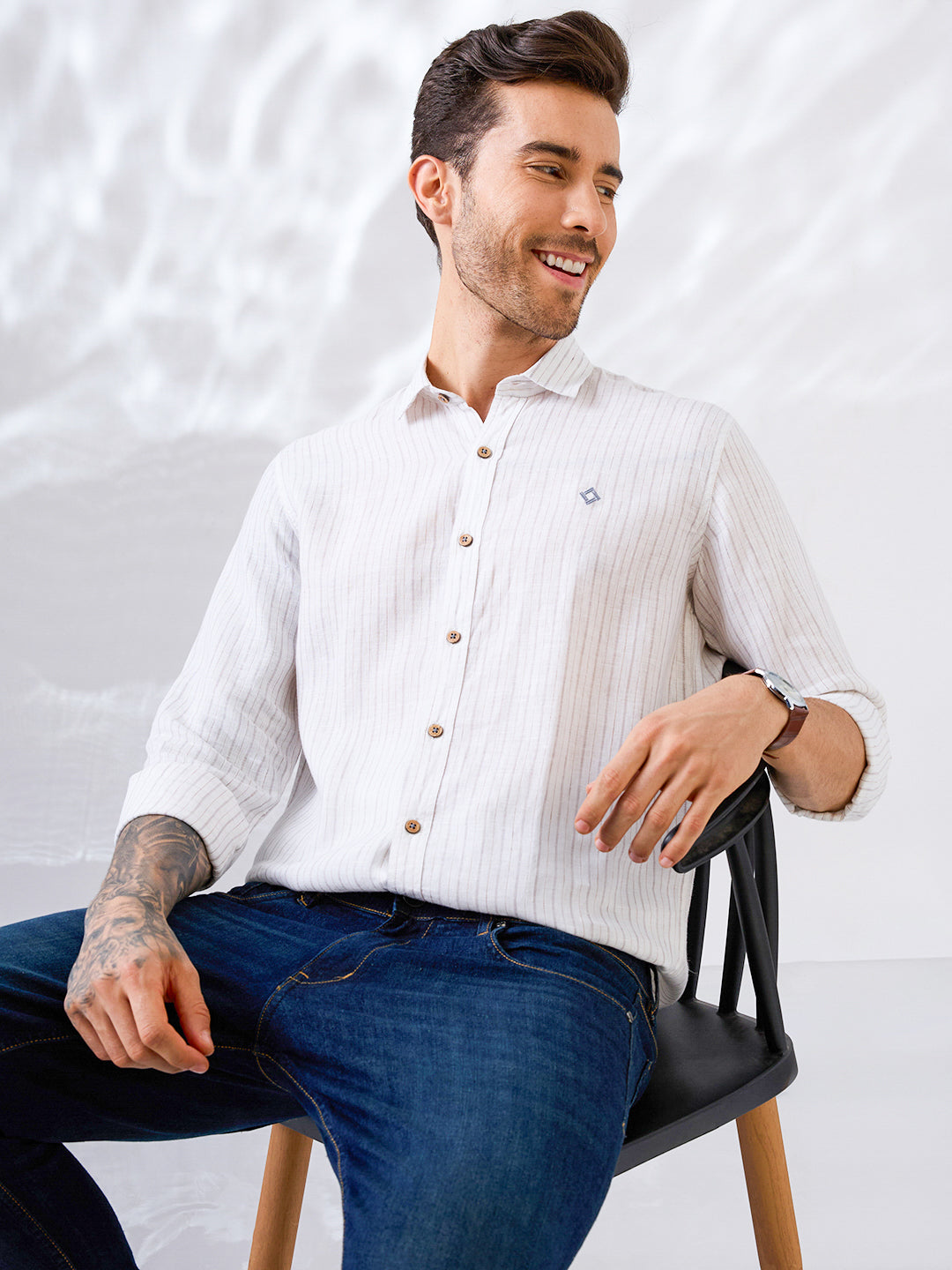 White Indian linen shirt with subtle vertical stripes