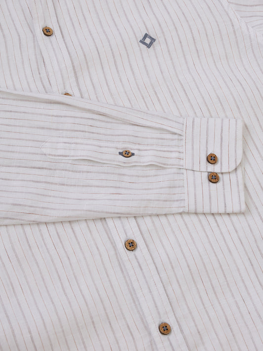 White Indian linen shirt with subtle vertical stripes