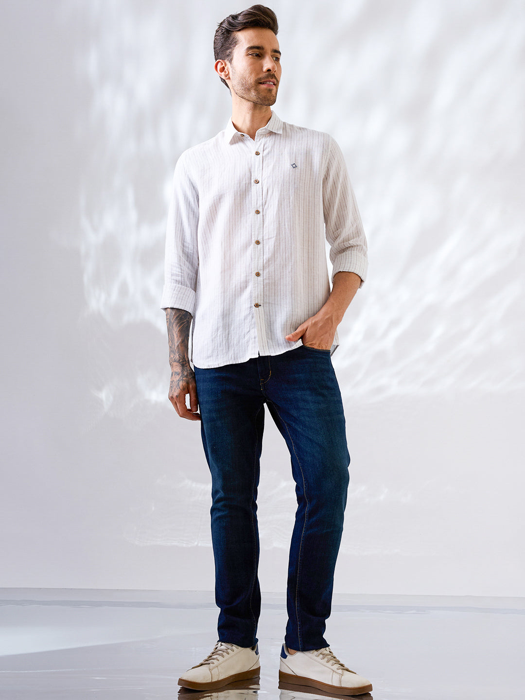 White Indian linen shirt with subtle vertical stripes