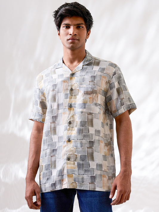 Olive Green Printed Pure Linen Shirt