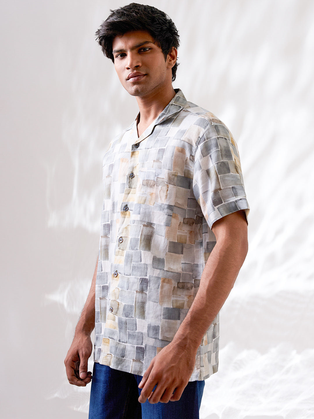 Olive Green Printed Pure Linen Shirt