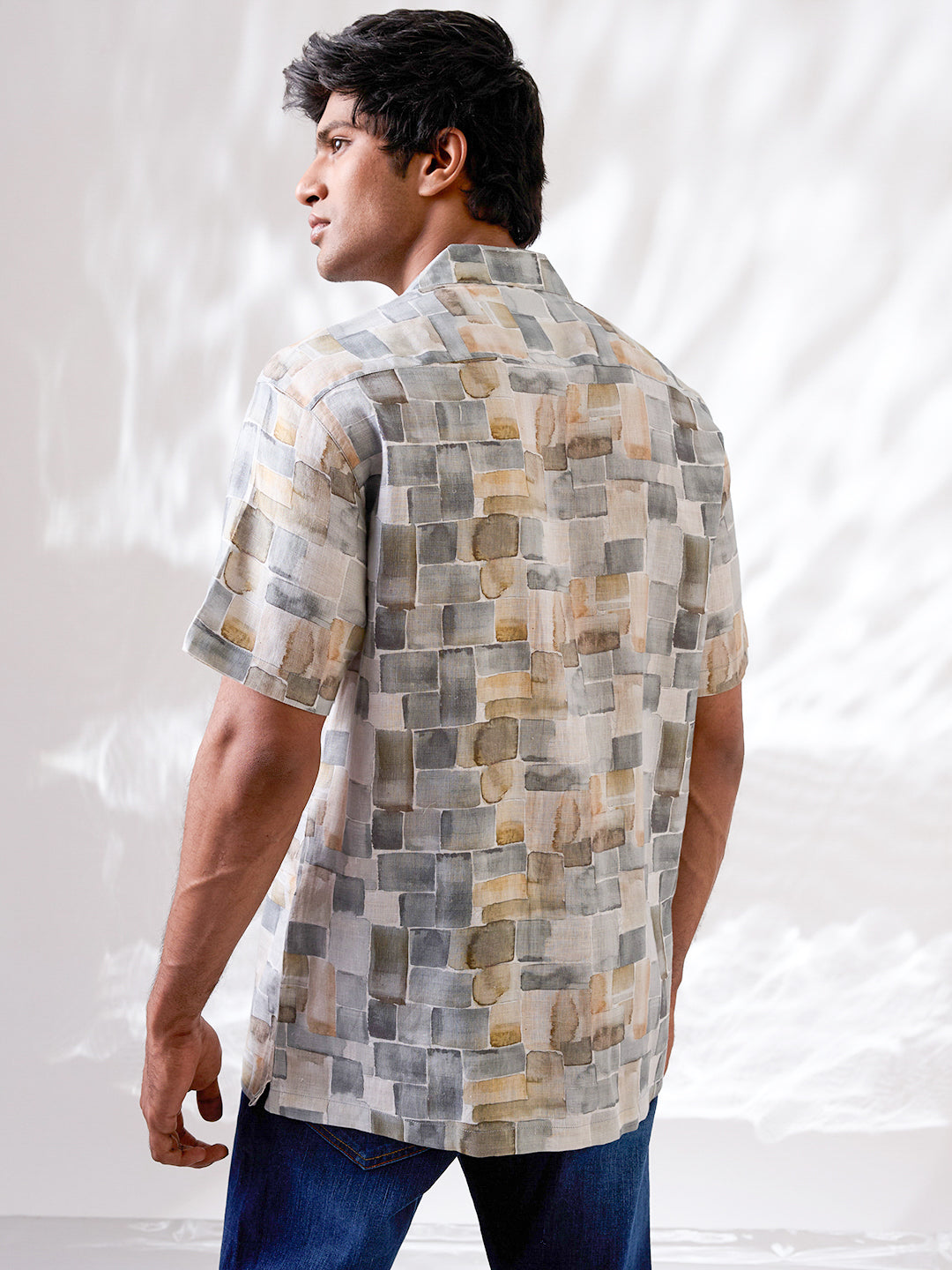 Olive Green Printed Pure Linen Shirt