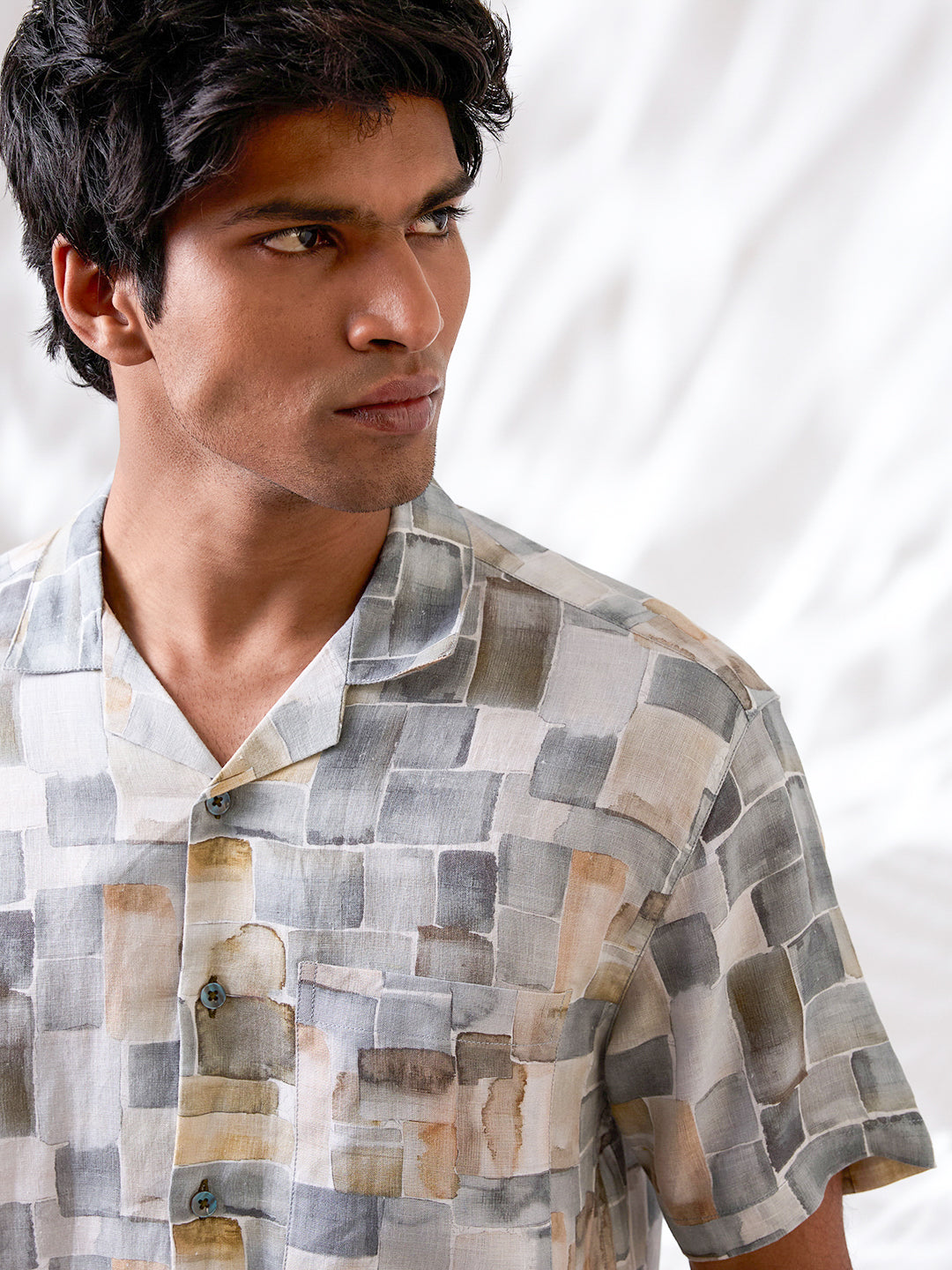 Olive Green Printed Pure Linen Shirt