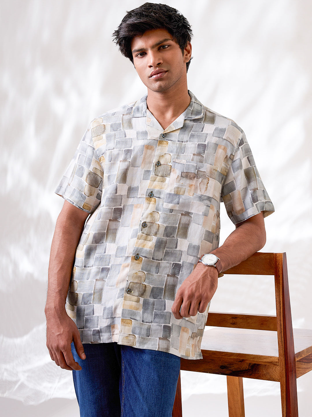 Olive Green Printed Pure Linen Shirt