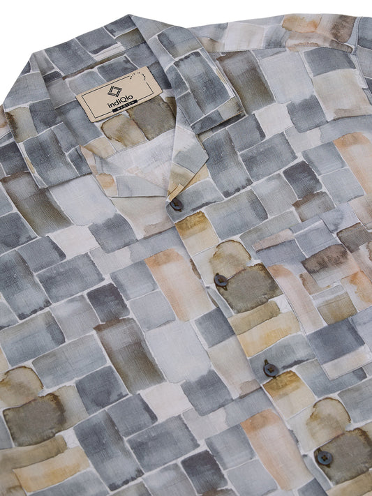Olive Green Printed Pure Linen Shirt