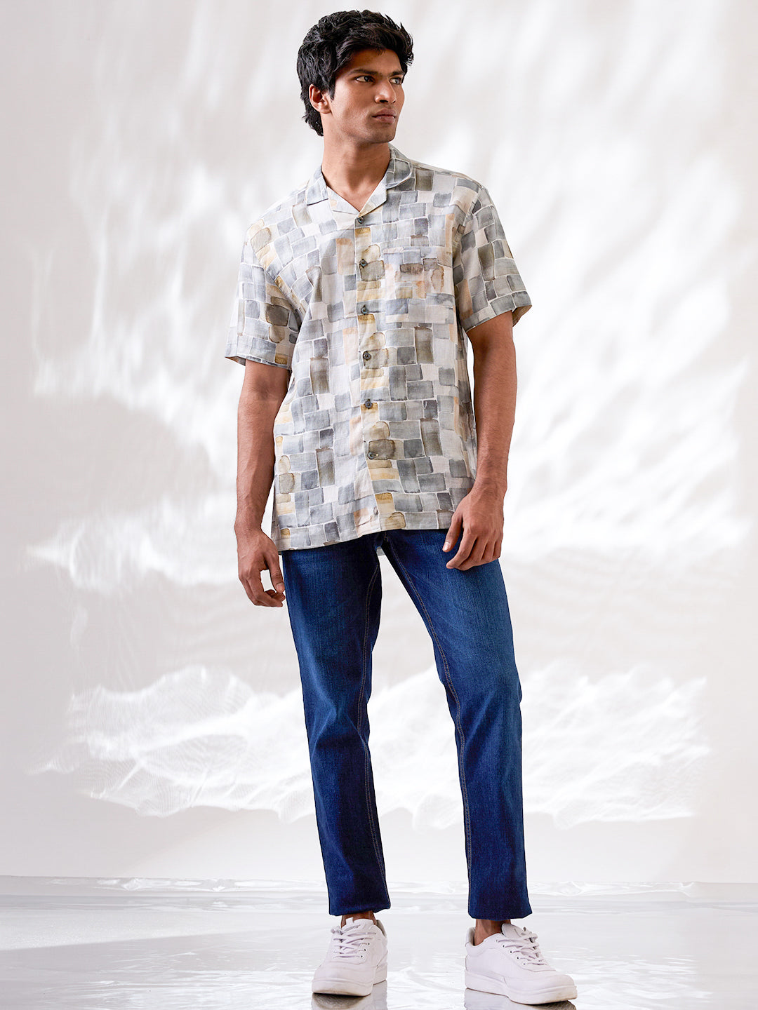 Olive Green Printed Pure Linen Shirt