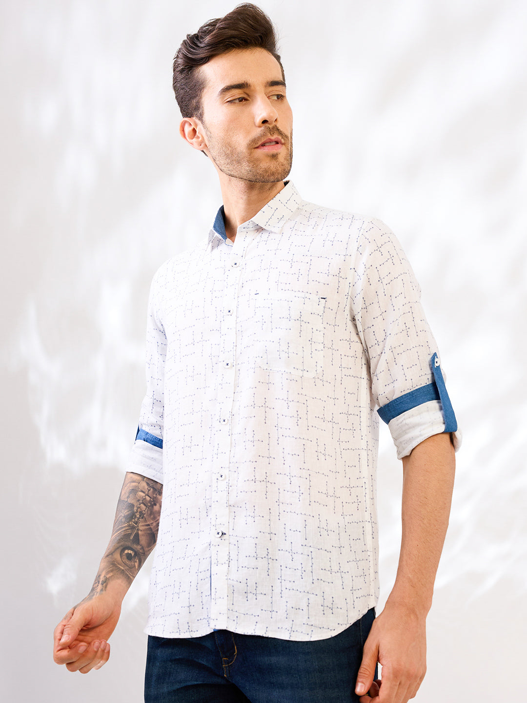 White Printed Pure Linen Shirt