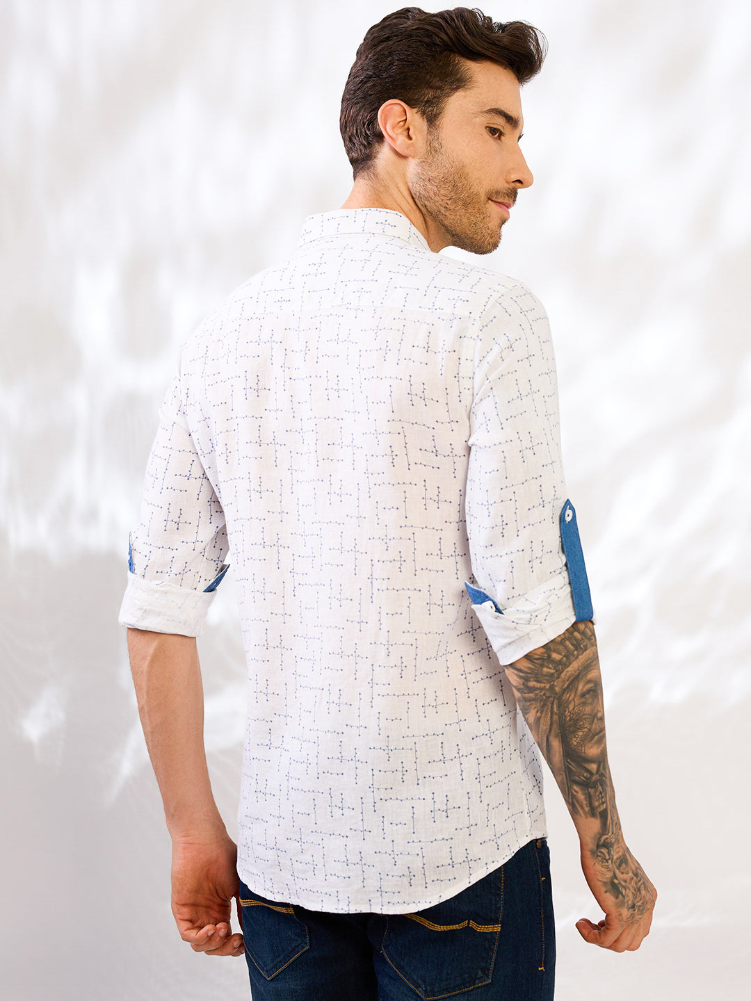 White Printed Pure Linen Shirt