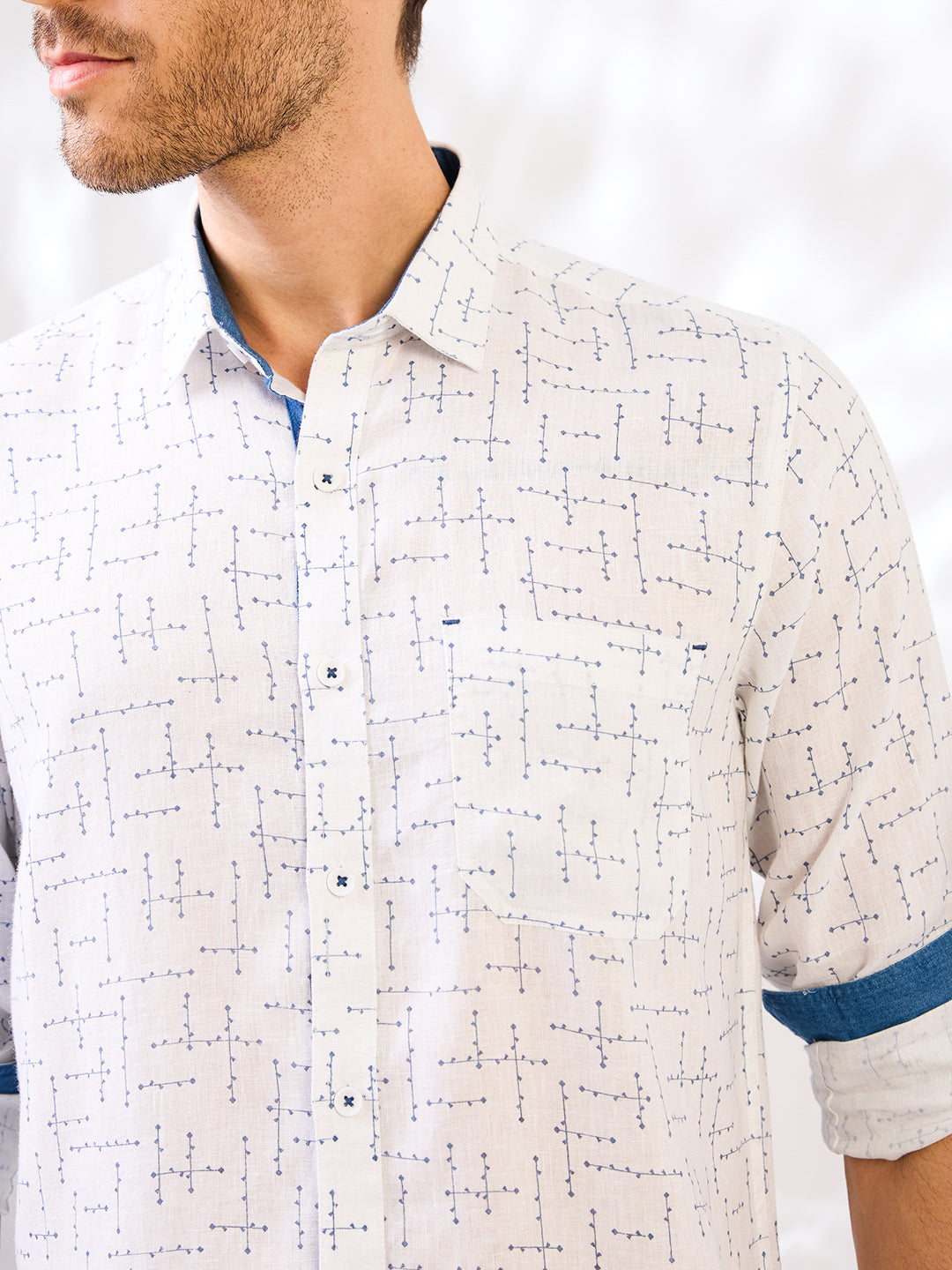 White Printed Pure Linen Shirt