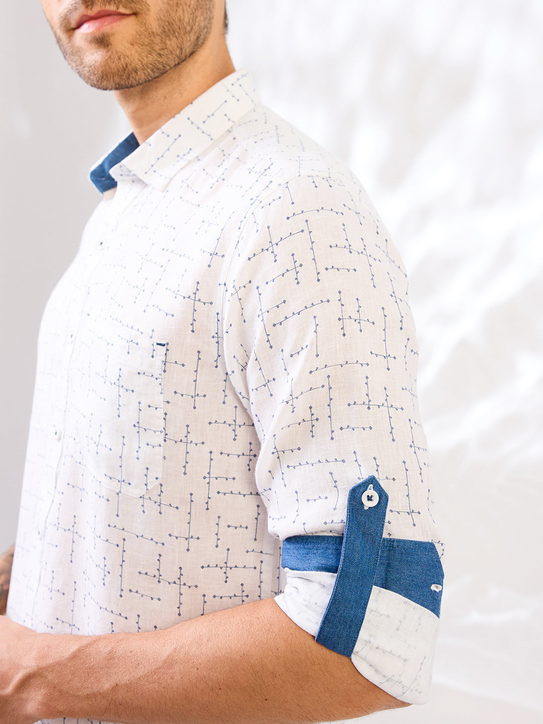 White Printed Pure Linen Shirt