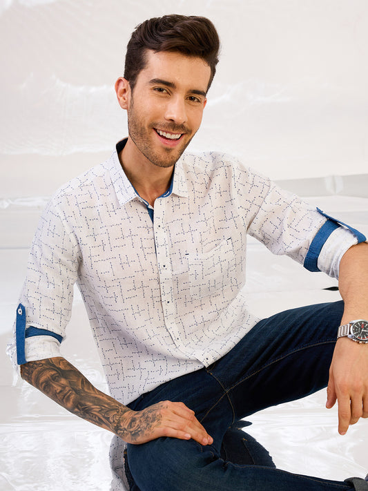 White Printed Pure Linen Shirt