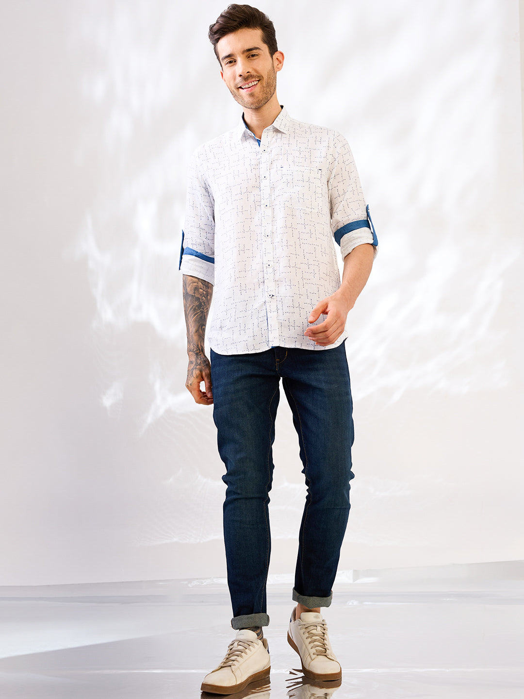 White Printed Pure Linen Shirt