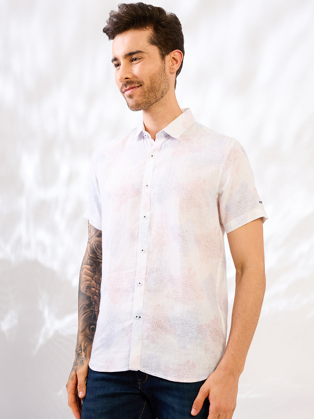 White Printed Half Sleeve Pure Linen Shirt