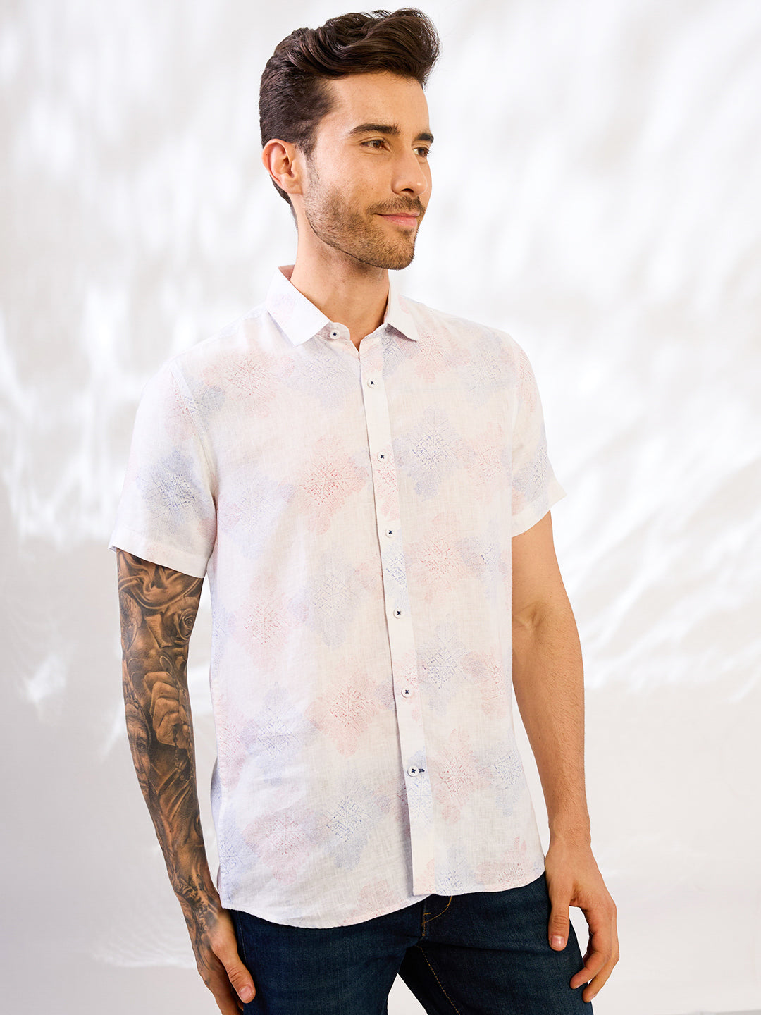 White Printed Half Sleeve Pure Linen Shirt