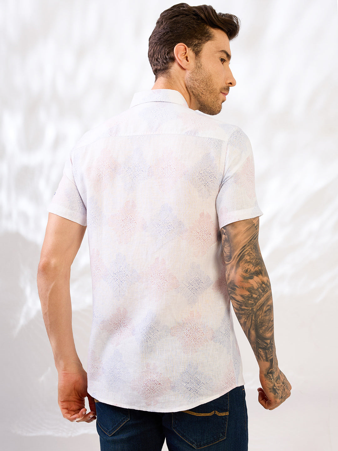 White Printed Half Sleeve Pure Linen Shirt