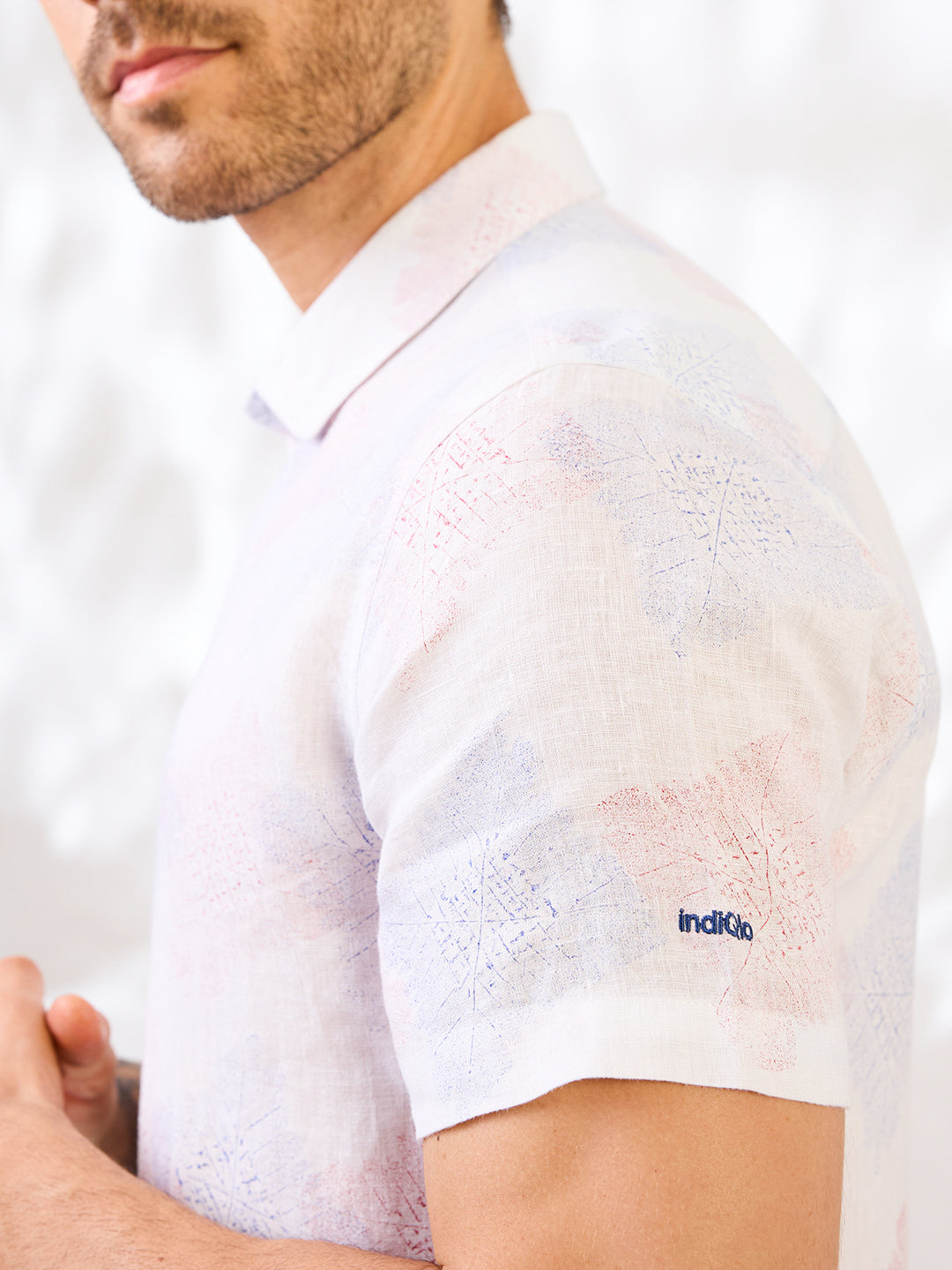 White Printed Half Sleeve Pure Linen Shirt