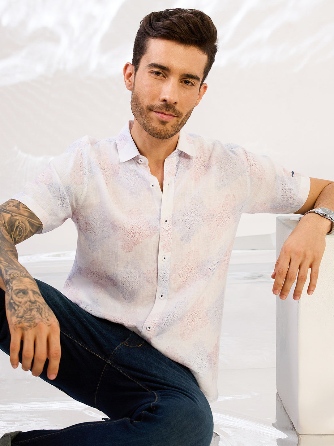White Printed Half Sleeve Pure Linen Shirt