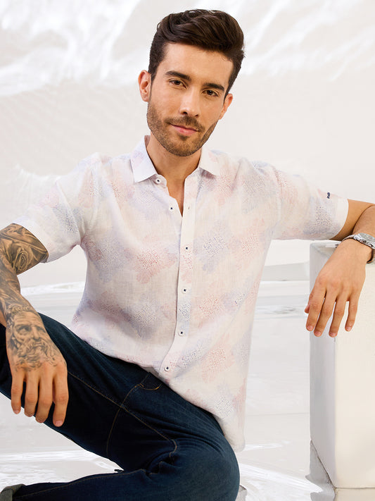 White Printed Half Sleeve Pure Linen Shirt