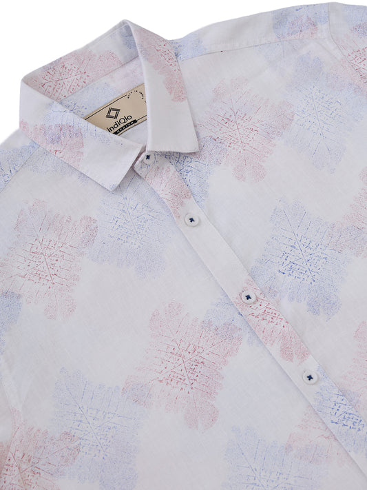 White Printed Half Sleeve Pure Linen Shirt