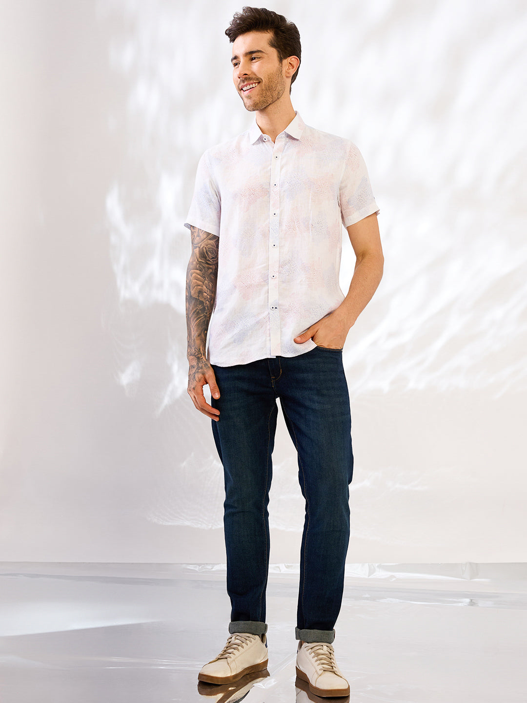 White Printed Half Sleeve Pure Linen Shirt
