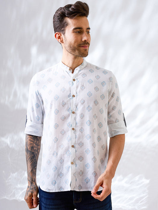 White Printed Mandarin Collar Pure Linen Shirt