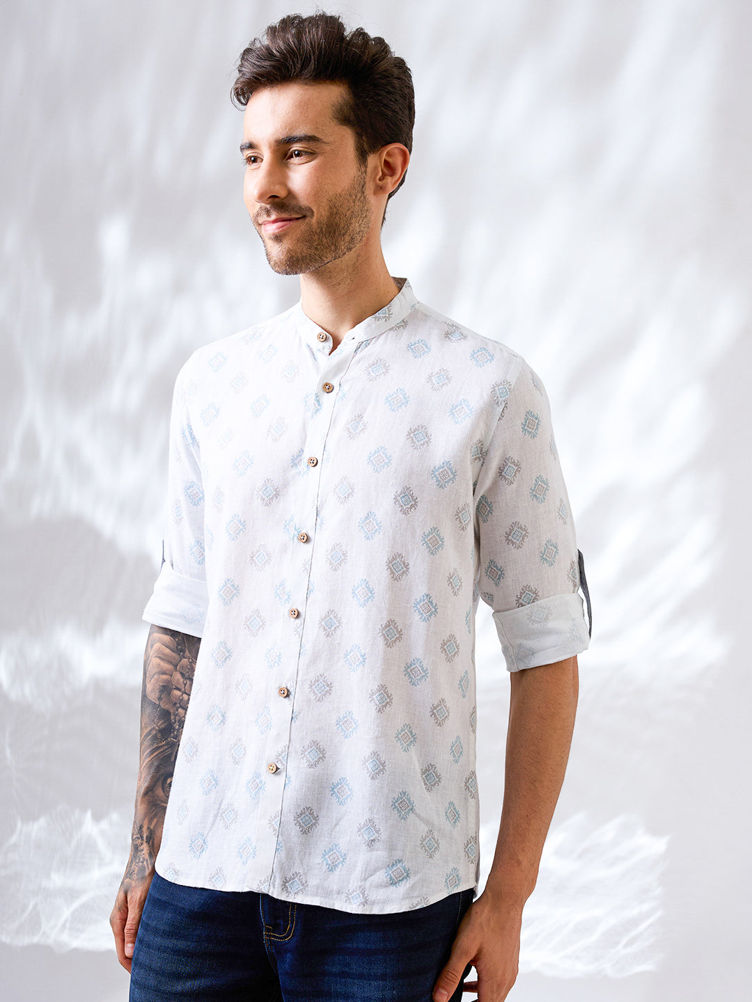 White Printed Mandarin Collar Pure Linen Shirt