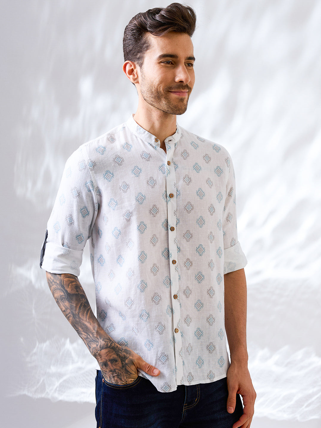 White Printed Mandarin Collar Pure Linen Shirt