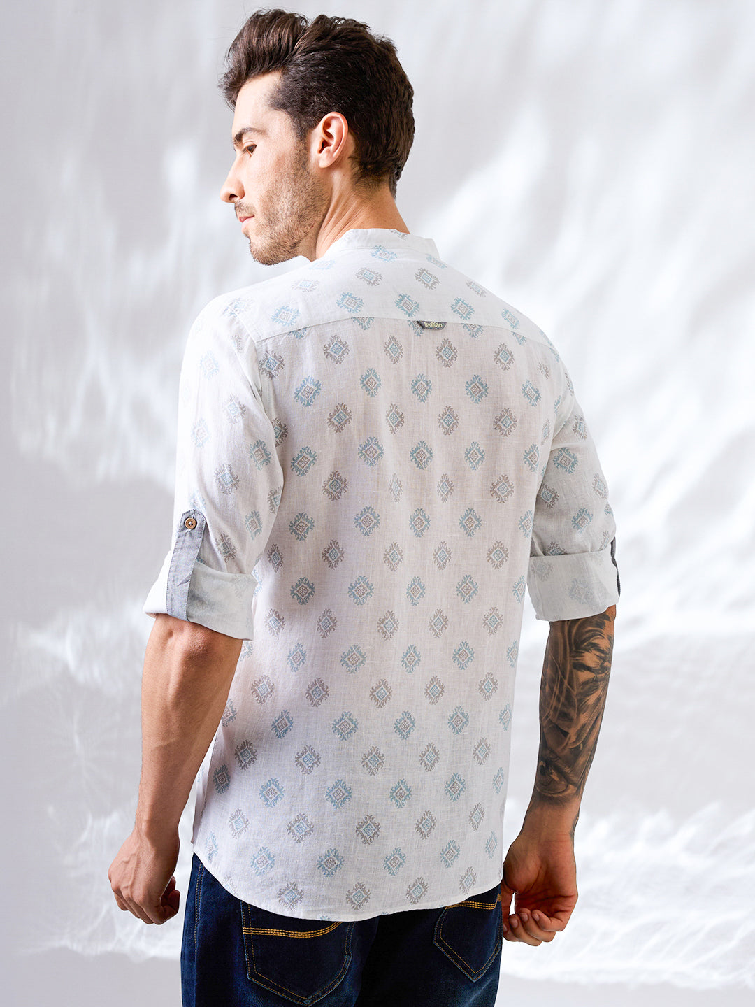 White Printed Mandarin Collar Pure Linen Shirt