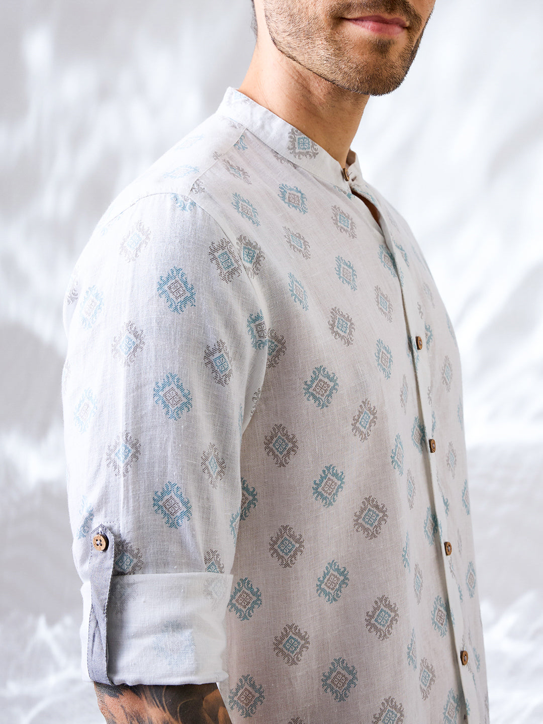 White Printed Mandarin Collar Pure Linen Shirt