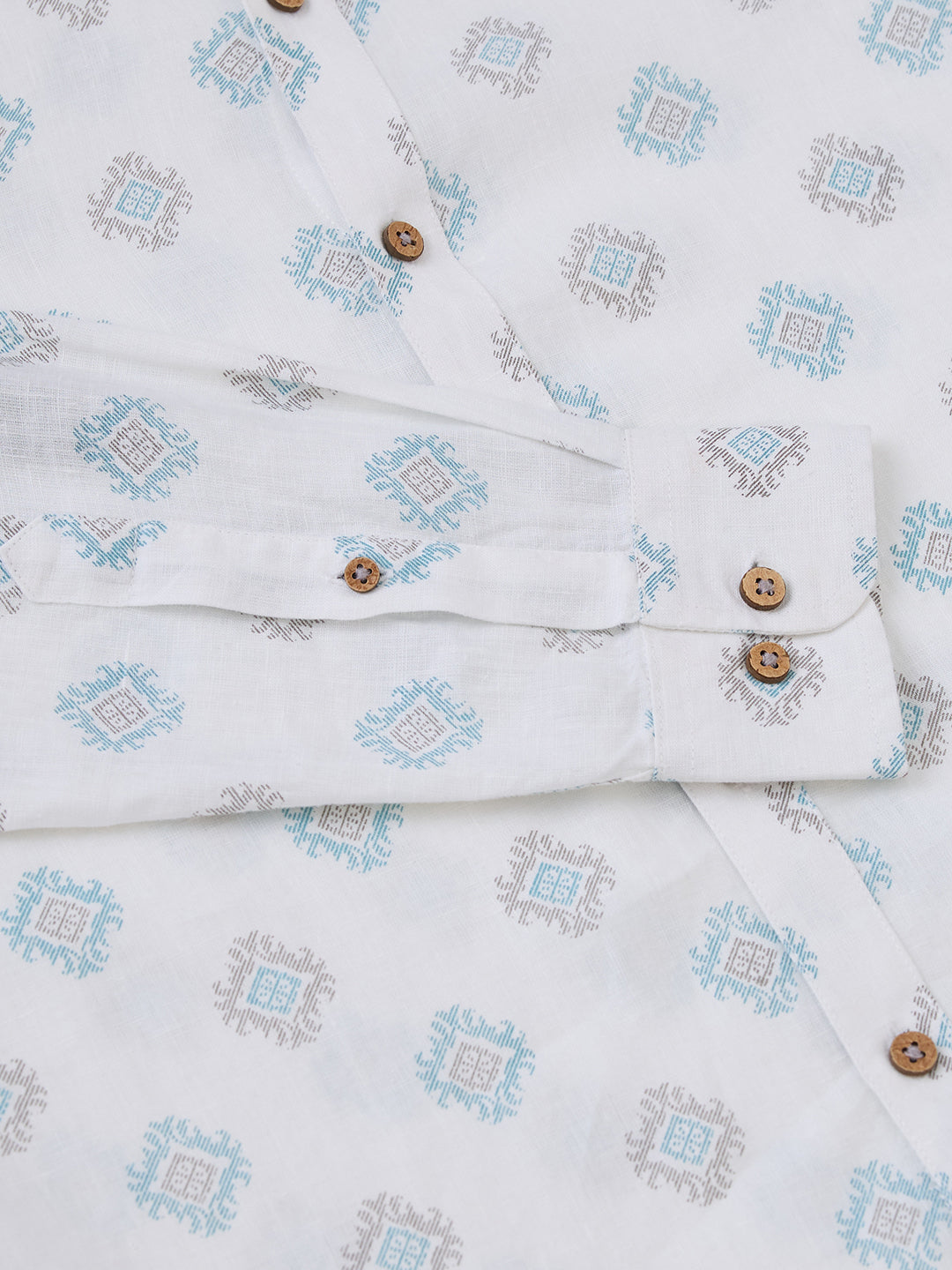 White Printed Mandarin Collar Pure Linen Shirt