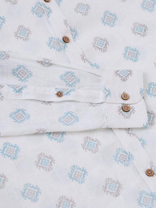 White Printed Mandarin Collar Pure Linen Shirt