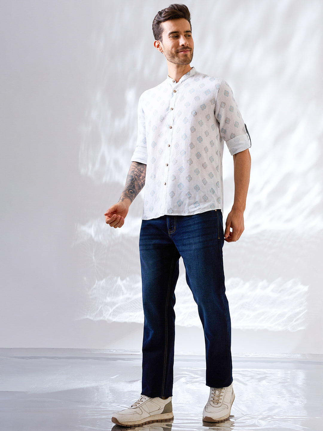 White Printed Mandarin Collar Pure Linen Shirt