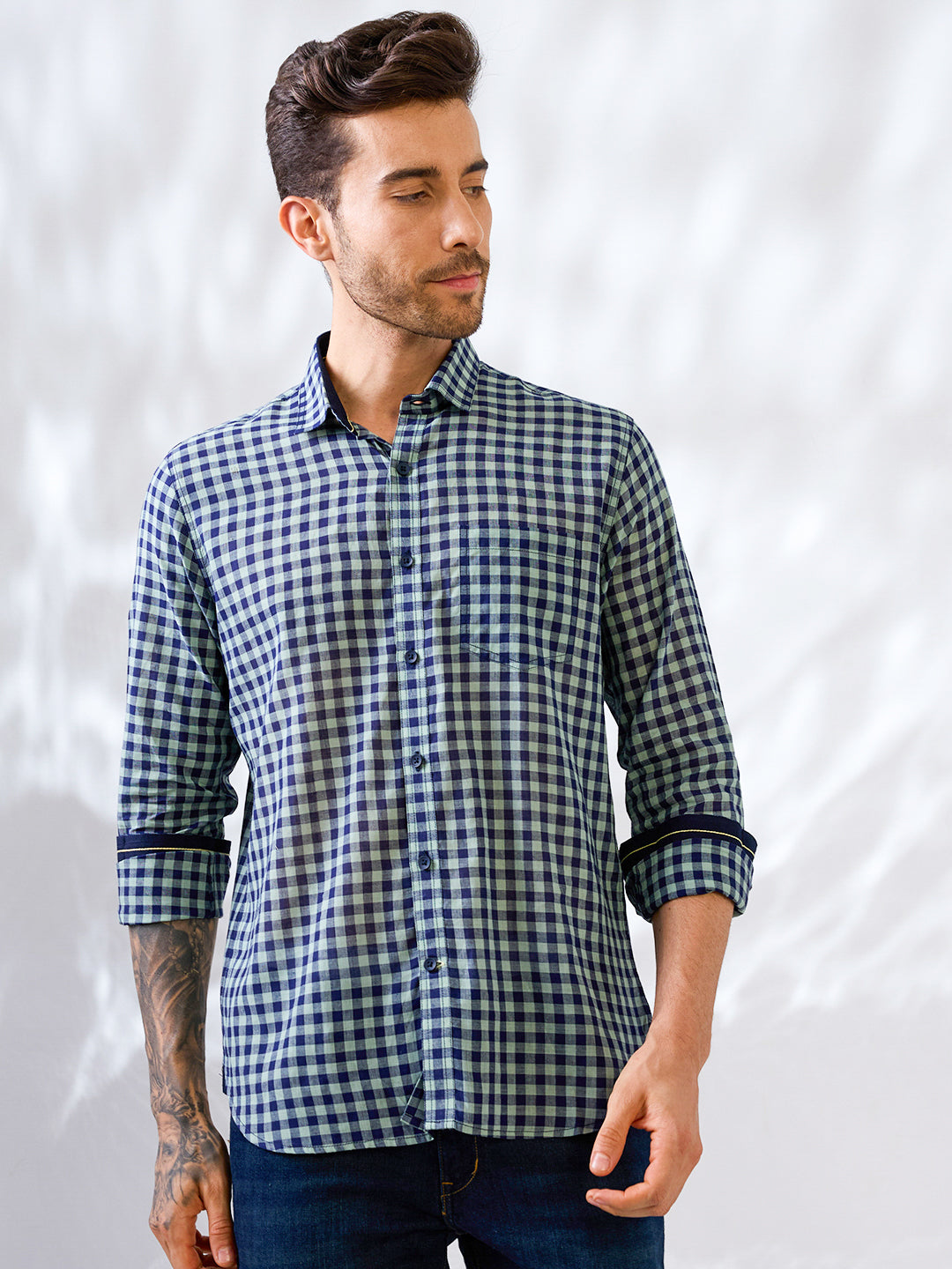 Blue-Green Check Handloom Cotton Shirt