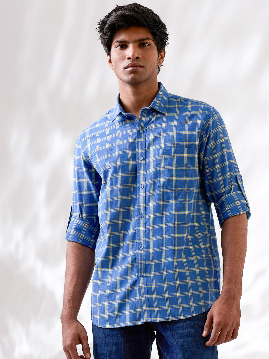 Marine Blue Check Handloom Cotton Shirt