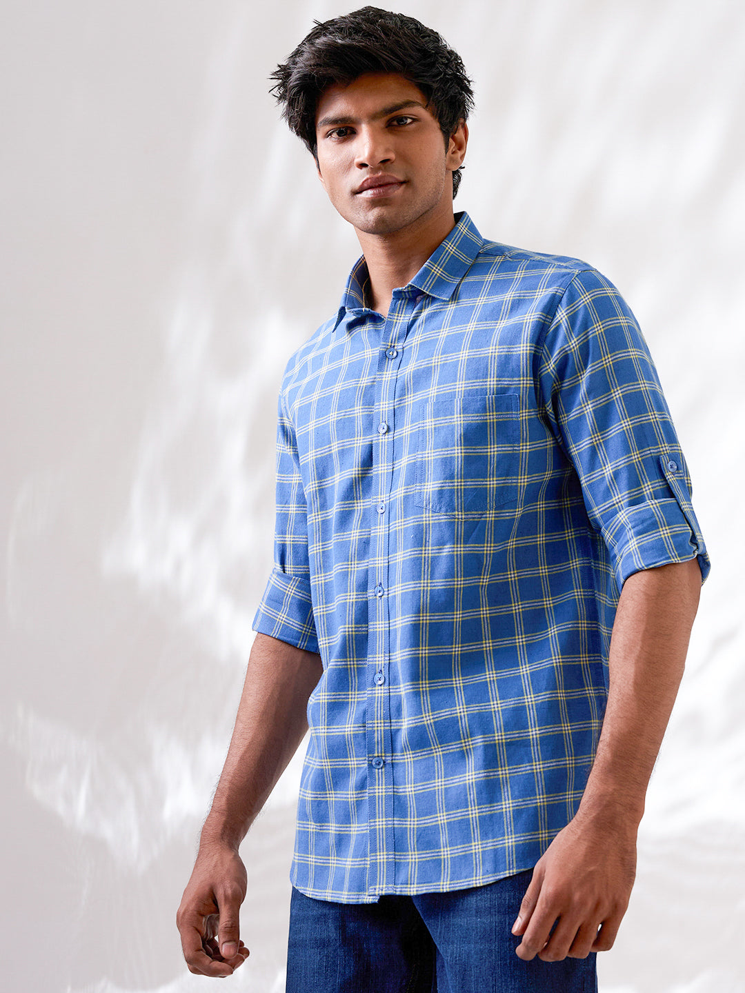 Marine Blue Check Handloom Cotton Shirt