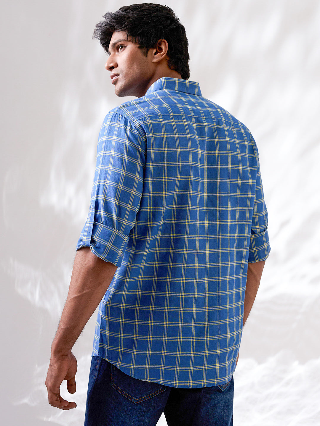 Marine Blue Check Handloom Cotton Shirt