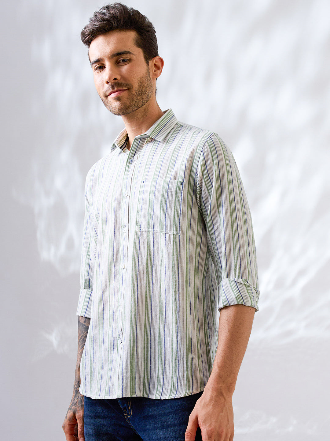 Green-Blue Striped Handloom Cotton Shirt