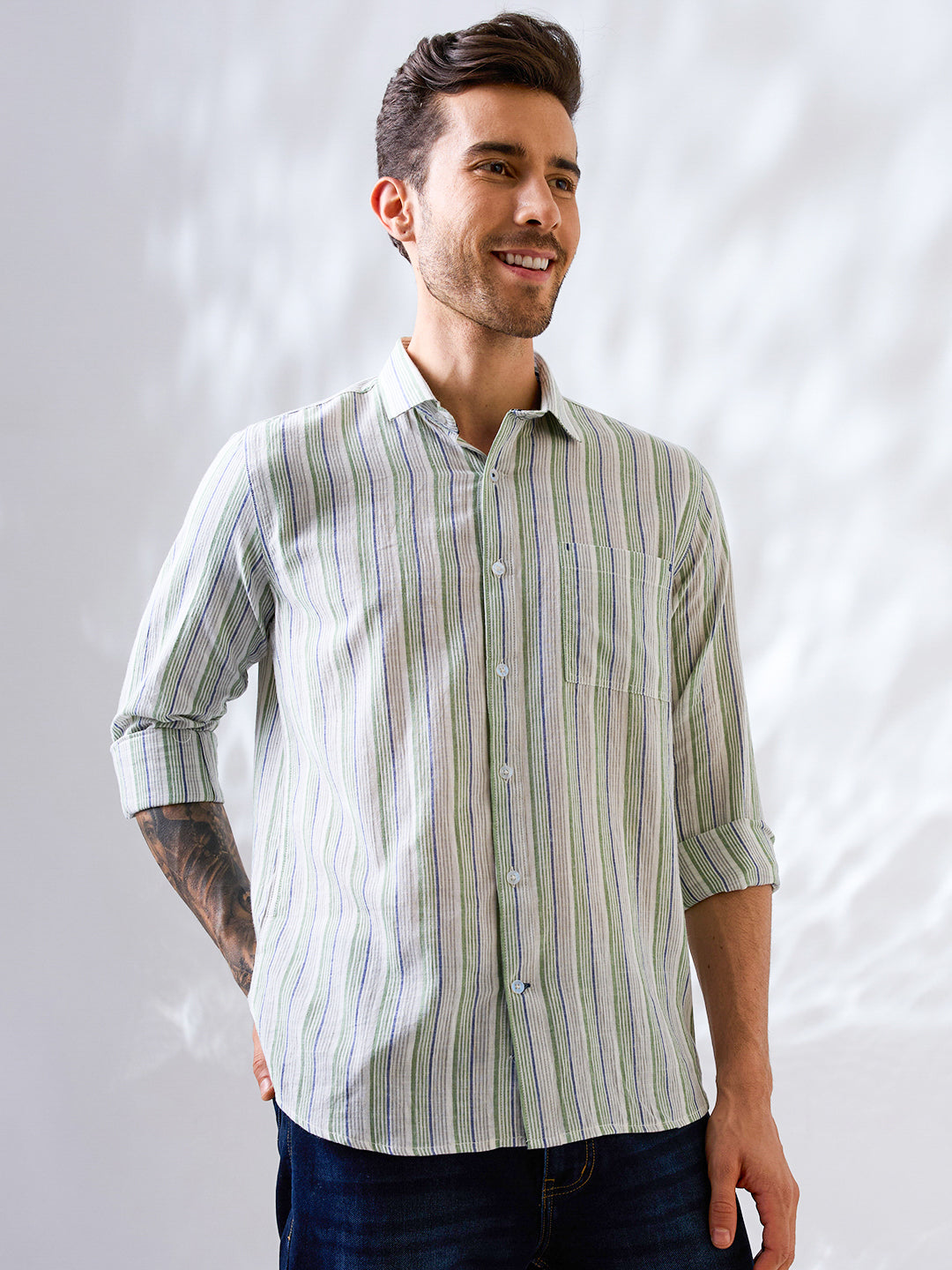 Green-Blue Striped Handloom Cotton Shirt