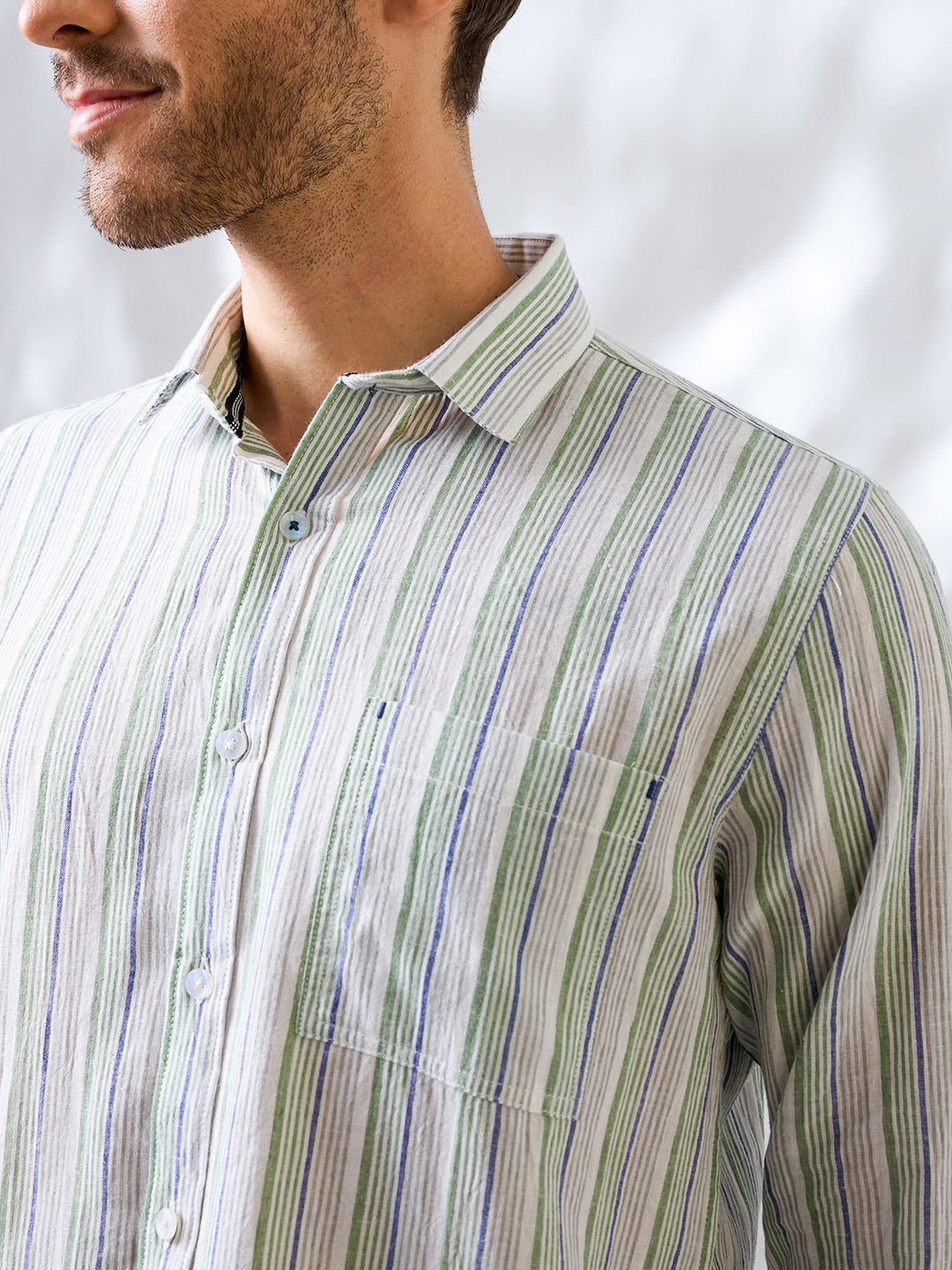 Green-Blue Striped Handloom Cotton Shirt