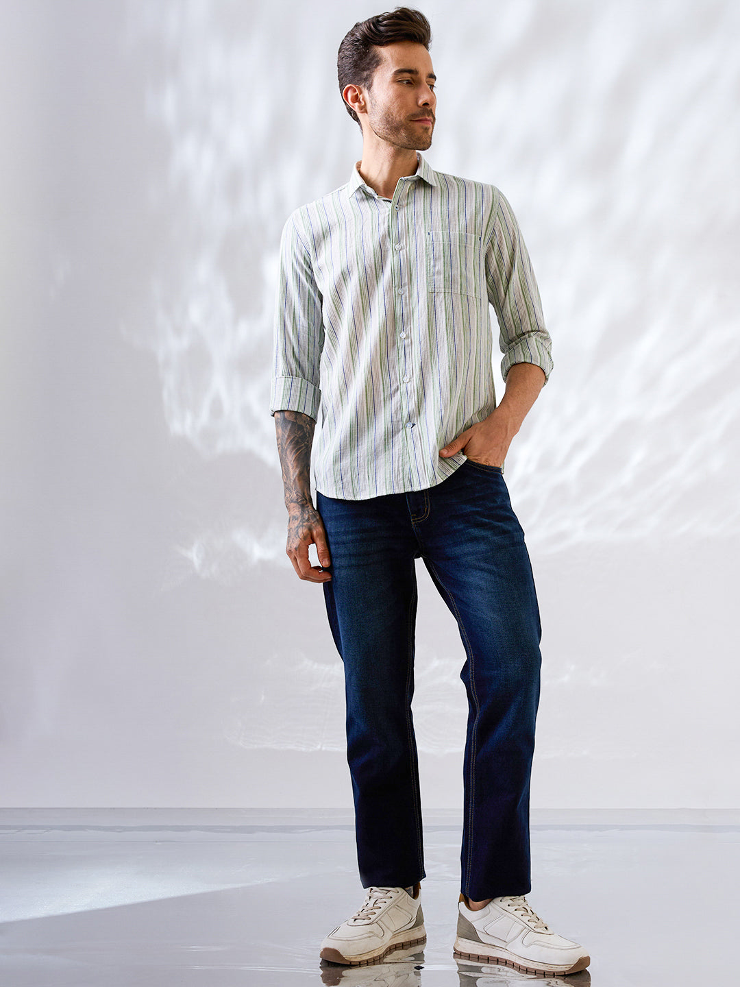 Green-Blue Striped Handloom Cotton Shirt
