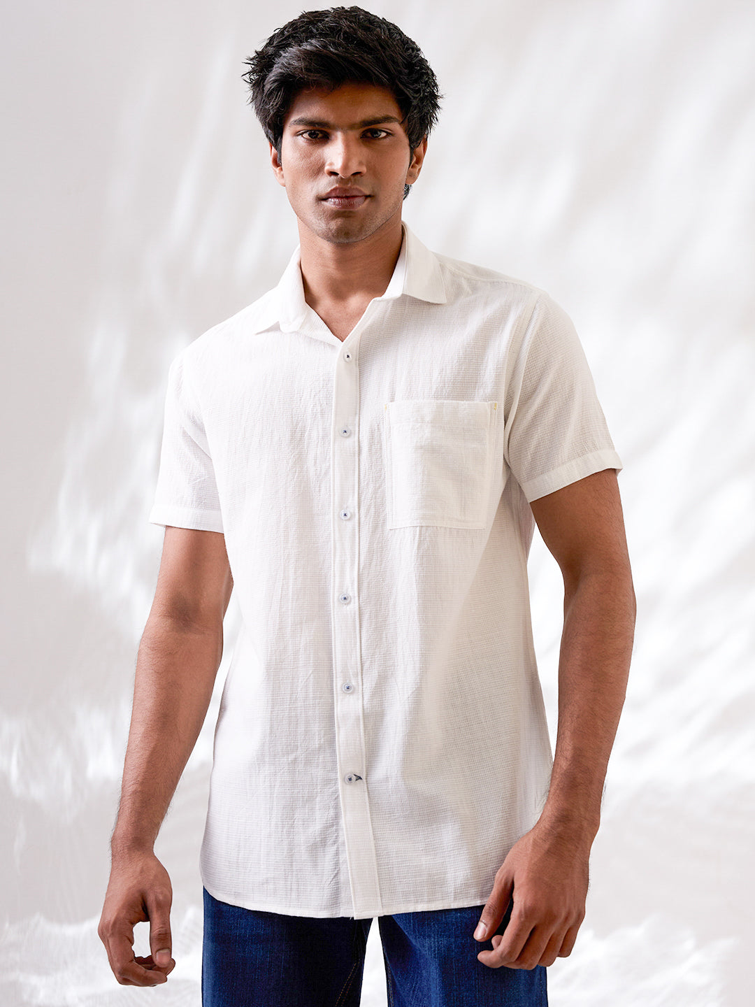 White Self-Textured Half Sleeve Handloom Cotton Shirt