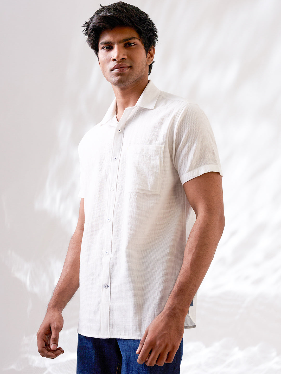 White Self-Textured Half Sleeve Handloom Cotton Shirt