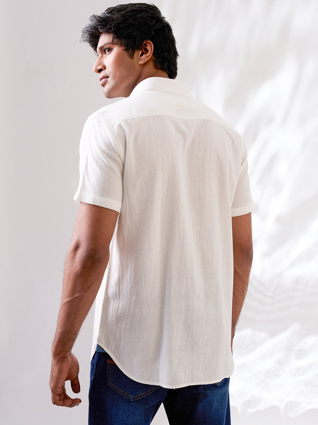 White Self-Textured Half Sleeve Handloom Cotton Shirt