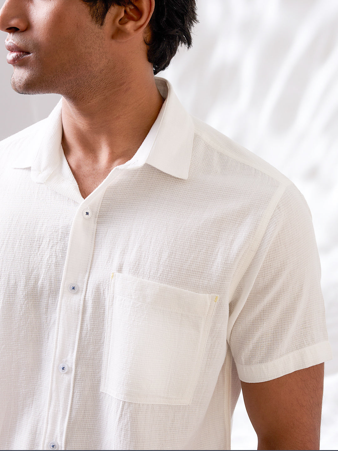 White Self-Textured Half Sleeve Handloom Cotton Shirt