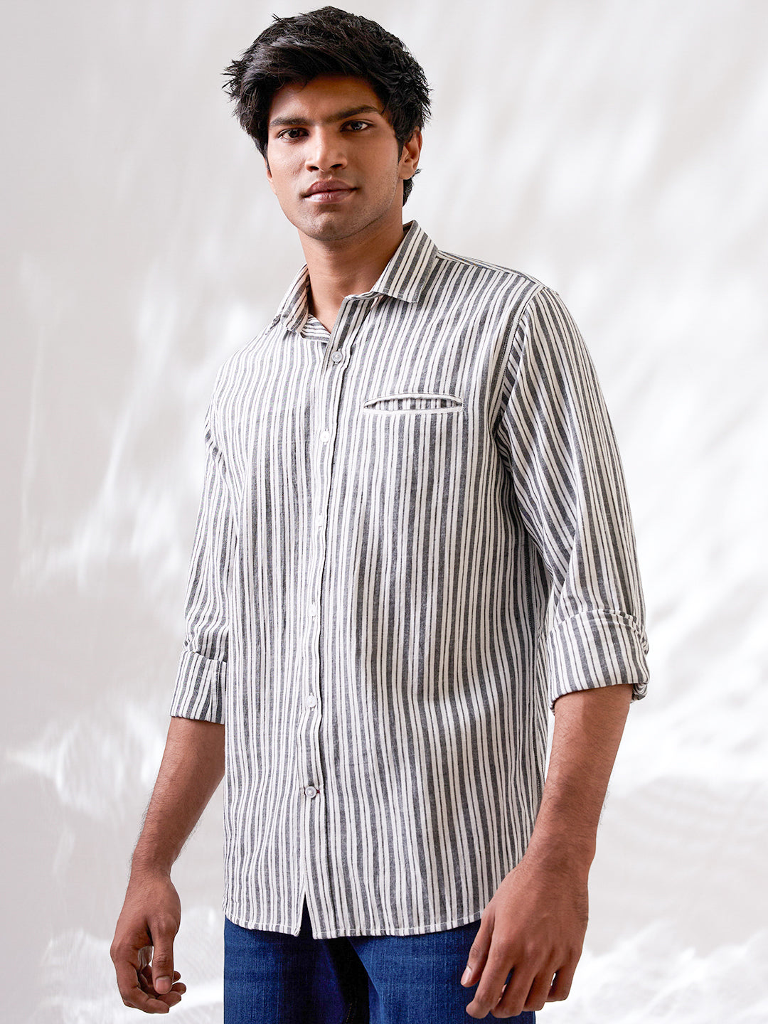 Ash Grey Striped Handloom Cotton Shirt