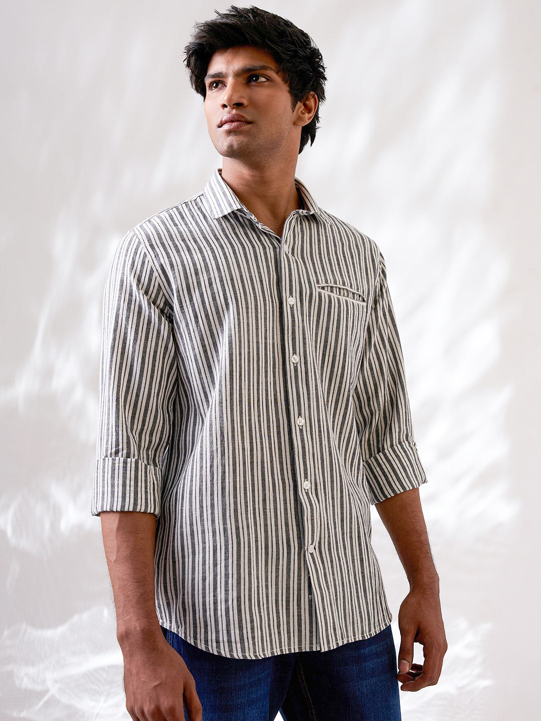 Ash Grey Striped Handloom Cotton Shirt