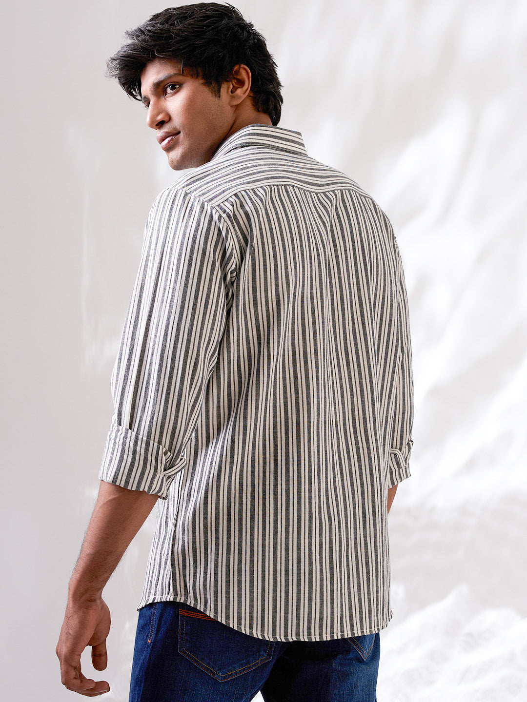 Ash Grey Striped Handloom Cotton Shirt