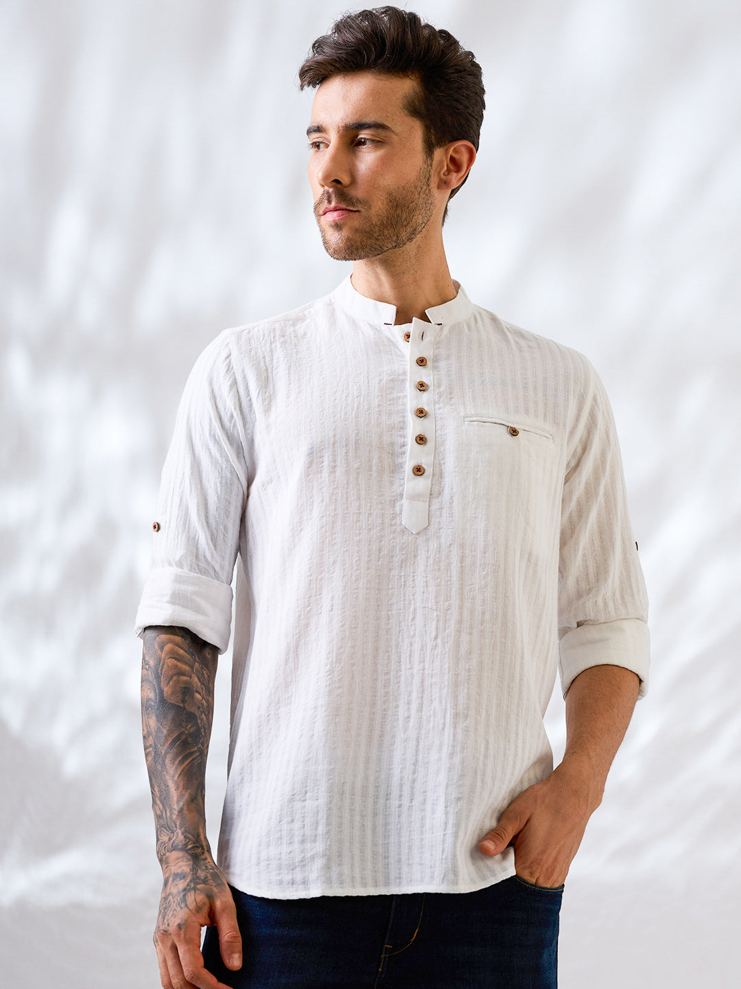 White Striped Handwoven Kurta Shirt